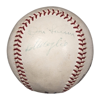 Historic and Significant 1956 ONL Giles Game Used Baseball From Jackie Robinsons Final Game Signed By Don Larsen, Sal Maglie and Umpire Larry Napp (Beckett) 